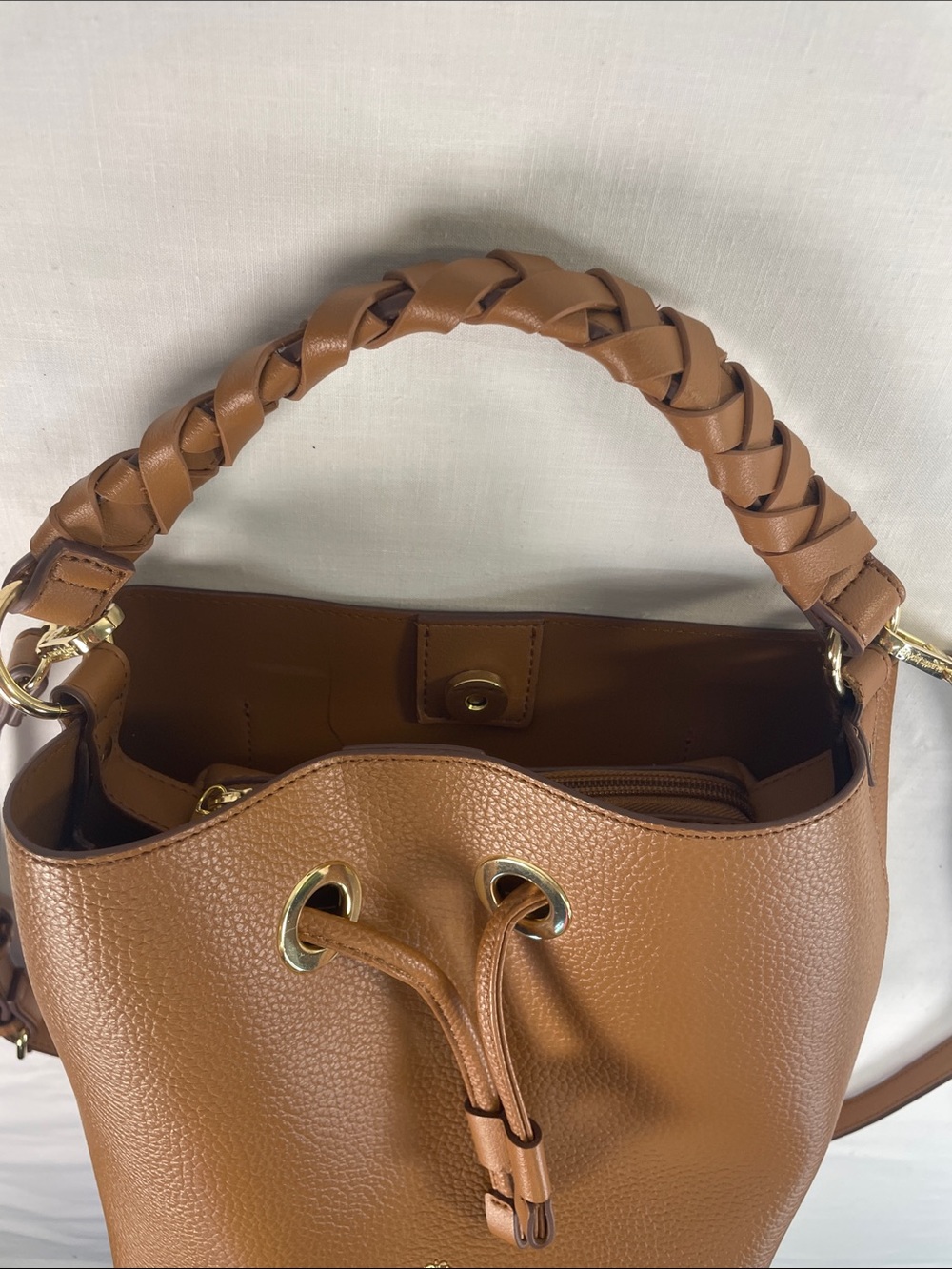 Nanette Lepore Brown Tan Pebbled Leather Drawstring Bucket Bag - Picture 5 of 10